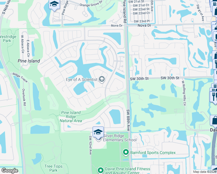 map of restaurants, bars, coffee shops, grocery stores, and more near 3099 Perriwinkle Circle in Davie