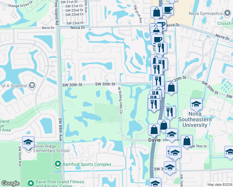 map of restaurants, bars, coffee shops, grocery stores, and more near 3105 West Rolling Hills Circle in Davie