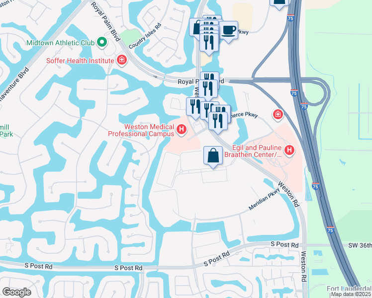 map of restaurants, bars, coffee shops, grocery stores, and more near 2883 Executive Park Drive in Weston