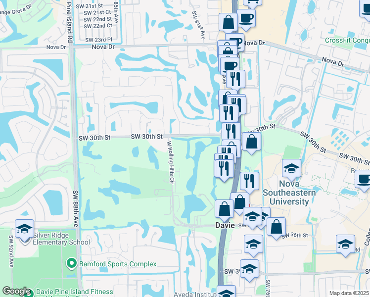 map of restaurants, bars, coffee shops, grocery stores, and more near 3150 West Rolling Hills Circle in Davie