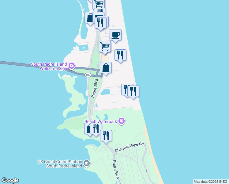 map of restaurants, bars, coffee shops, grocery stores, and more near 310 Padre Boulevard in South Padre Island