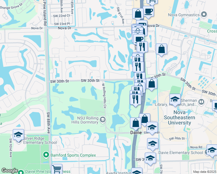 map of restaurants, bars, coffee shops, grocery stores, and more near 3100 West Rolling Hills Circle in Davie