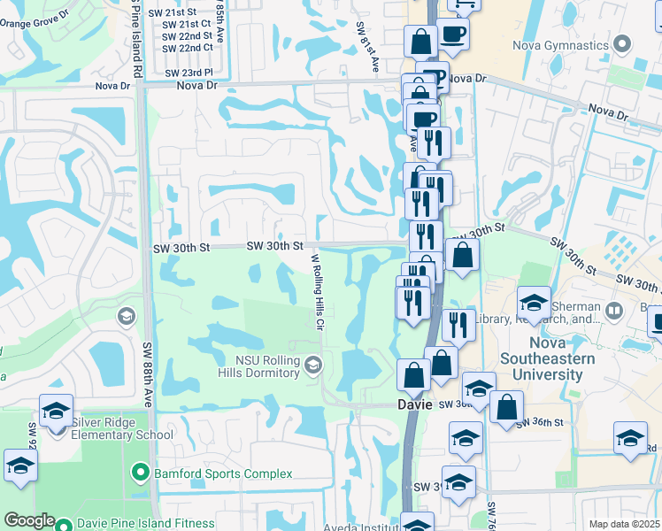 map of restaurants, bars, coffee shops, grocery stores, and more near 3150 West Rolling Hills Circle in Davie
