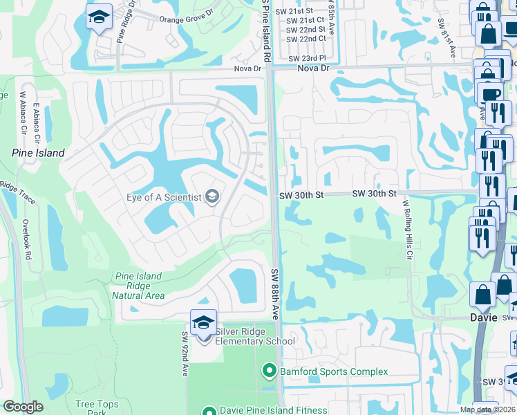 map of restaurants, bars, coffee shops, grocery stores, and more near 3058 Perriwinkle Way in Davie