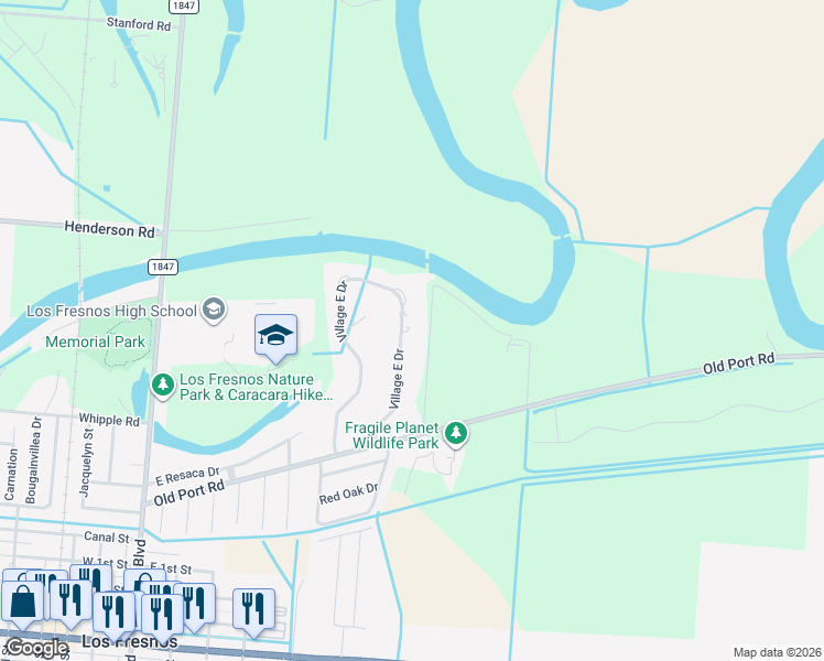 map of restaurants, bars, coffee shops, grocery stores, and more near 173 Village East Drive in Los Fresnos