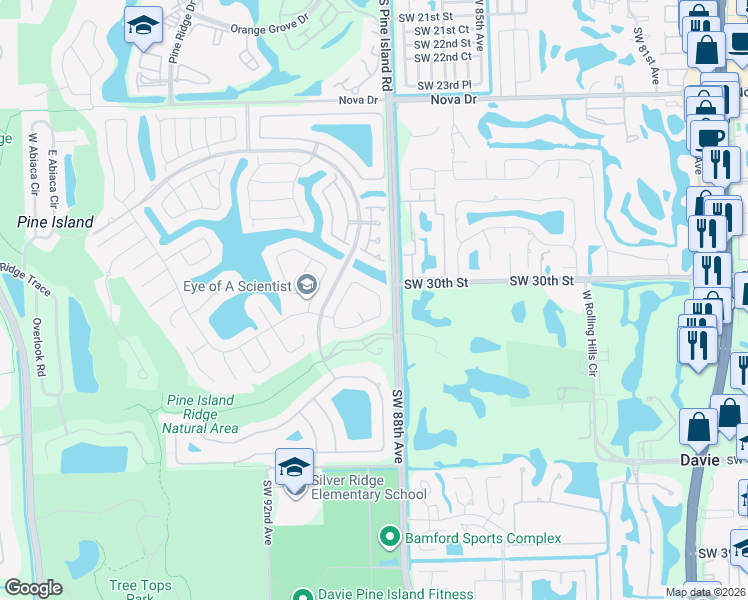 map of restaurants, bars, coffee shops, grocery stores, and more near 3058 Perriwinkle Way in Davie