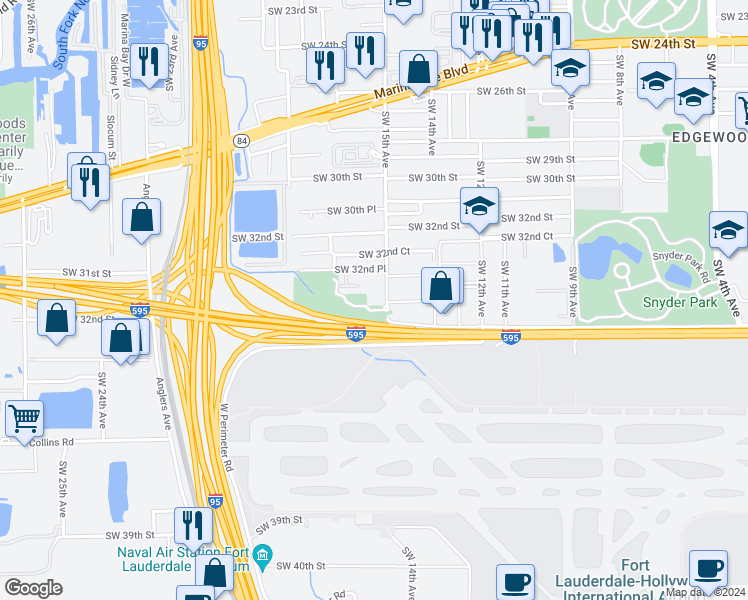 map of restaurants, bars, coffee shops, grocery stores, and more near 3346 Southwest 15th Avenue in Fort Lauderdale