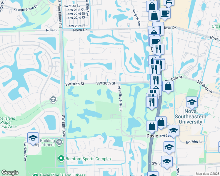map of restaurants, bars, coffee shops, grocery stores, and more near 8200 Southwest 30th Street in Davie
