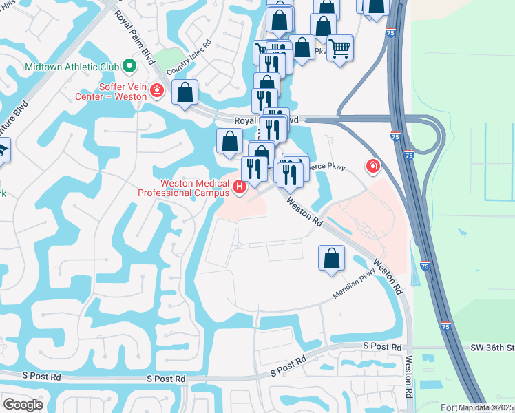 map of restaurants, bars, coffee shops, grocery stores, and more near 2687 Weston Road in Weston