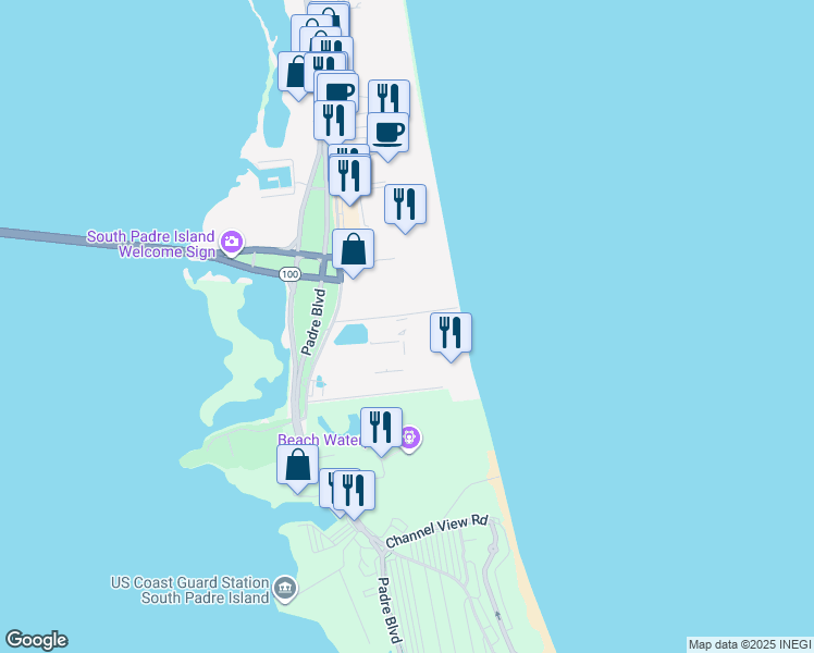 map of restaurants, bars, coffee shops, grocery stores, and more near 310 Padre Boulevard in South Padre Island