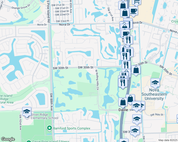 map of restaurants, bars, coffee shops, grocery stores, and more near 8200 Southwest 30th Street in Davie