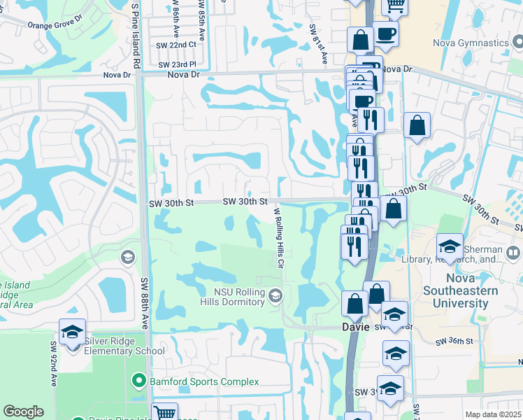 map of restaurants, bars, coffee shops, grocery stores, and more near 8160 Southwest 29th Court in Davie
