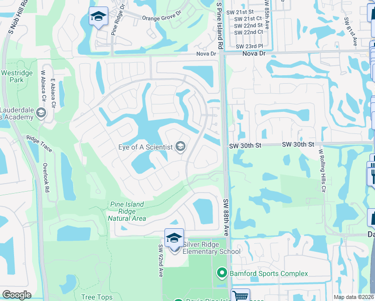 map of restaurants, bars, coffee shops, grocery stores, and more near 3154 Peachtree Circle in Davie