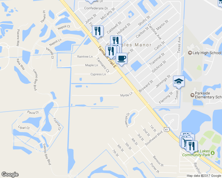 map of restaurants, bars, coffee shops, grocery stores, and more near 5355 Myrtle Lane in Naples