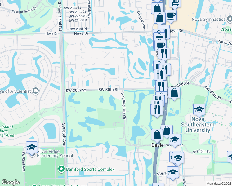 map of restaurants, bars, coffee shops, grocery stores, and more near 3001 West Rolling Hills Circle in Davie