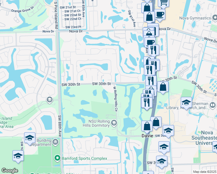 map of restaurants, bars, coffee shops, grocery stores, and more near 8160 Southwest 29th Court in Davie