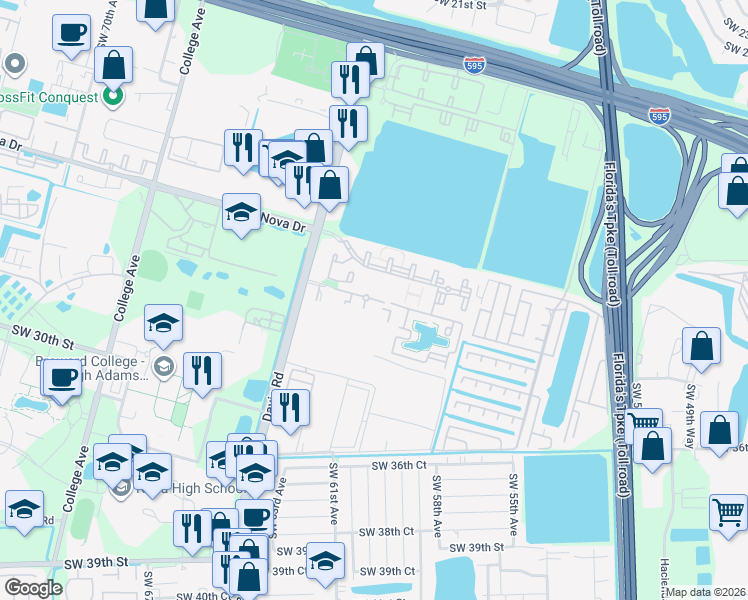 map of restaurants, bars, coffee shops, grocery stores, and more near 5950 Toscana Drive in Davie