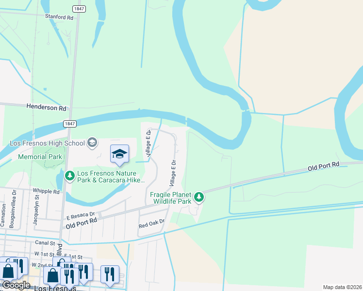 map of restaurants, bars, coffee shops, grocery stores, and more near 173 Village East Drive in Los Fresnos