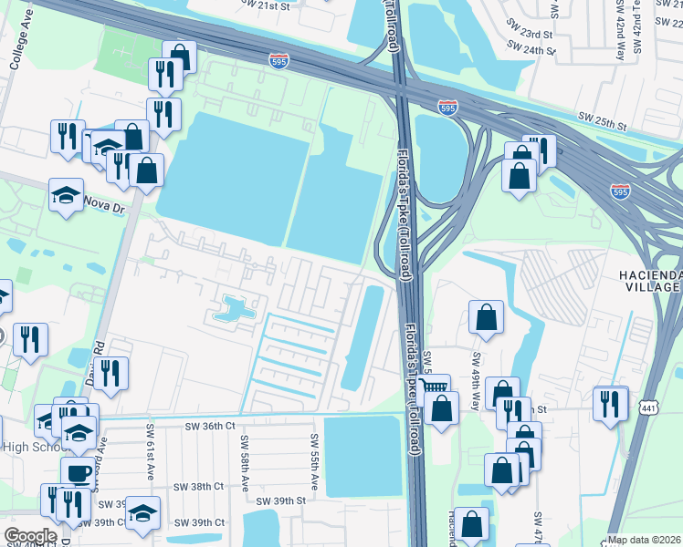 map of restaurants, bars, coffee shops, grocery stores, and more near 5242 Southwest 29th Street in Davie