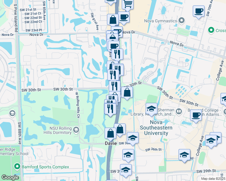 map of restaurants, bars, coffee shops, grocery stores, and more near 3015 South University Drive in Davie