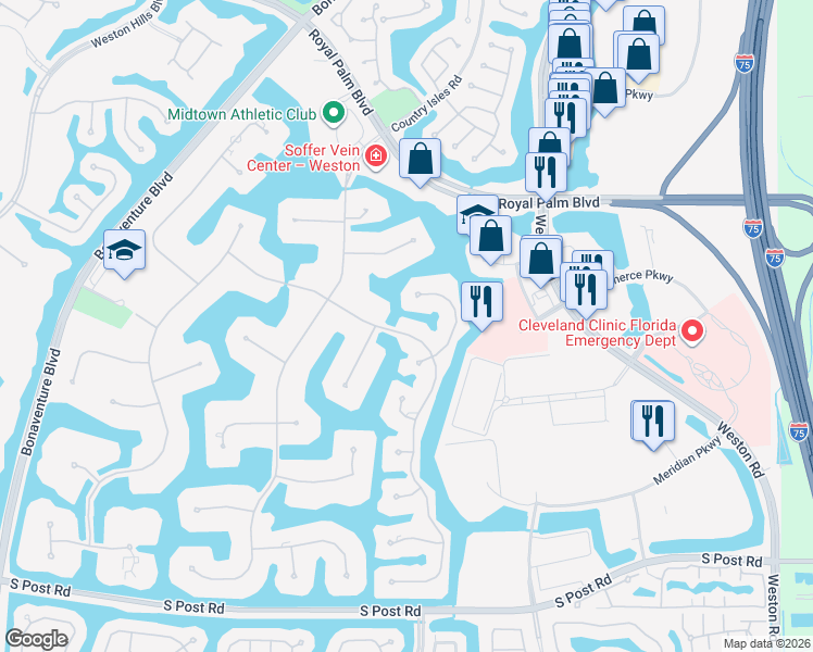map of restaurants, bars, coffee shops, grocery stores, and more near 2905 Paddock Road in Weston