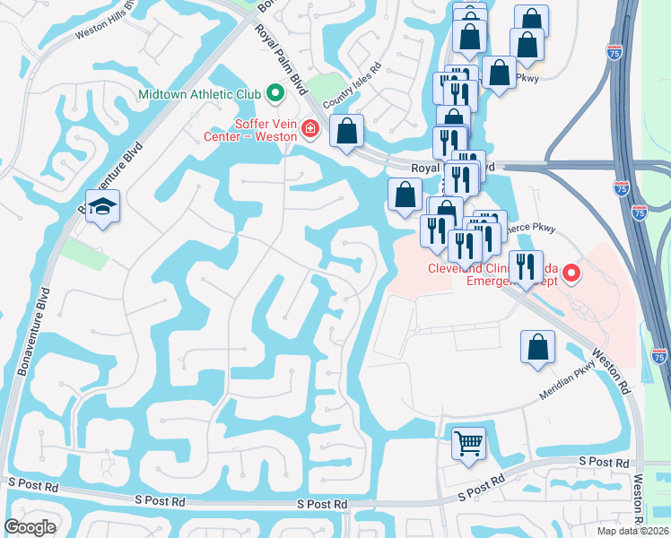 map of restaurants, bars, coffee shops, grocery stores, and more near 2905 Paddock Road in Weston