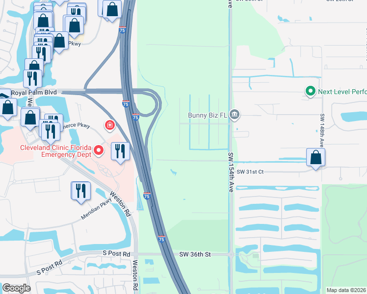 map of restaurants, bars, coffee shops, grocery stores, and more near 2980 Southwest 156th Avenue in Davie