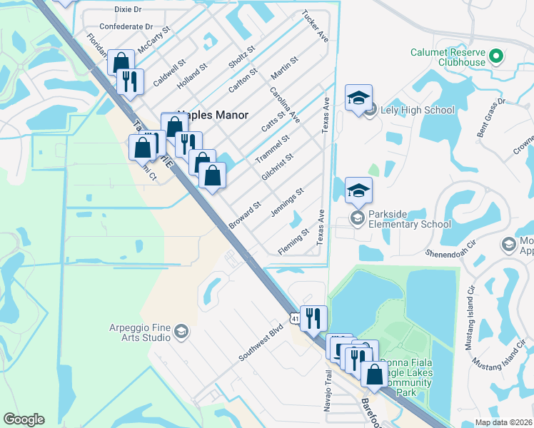 map of restaurants, bars, coffee shops, grocery stores, and more near 5229 Jennings Street in Naples
