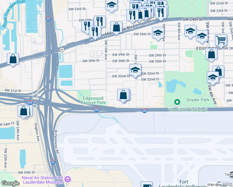 map of restaurants, bars, coffee shops, grocery stores, and more near 1454 Southwest 33rd Street in Fort Lauderdale