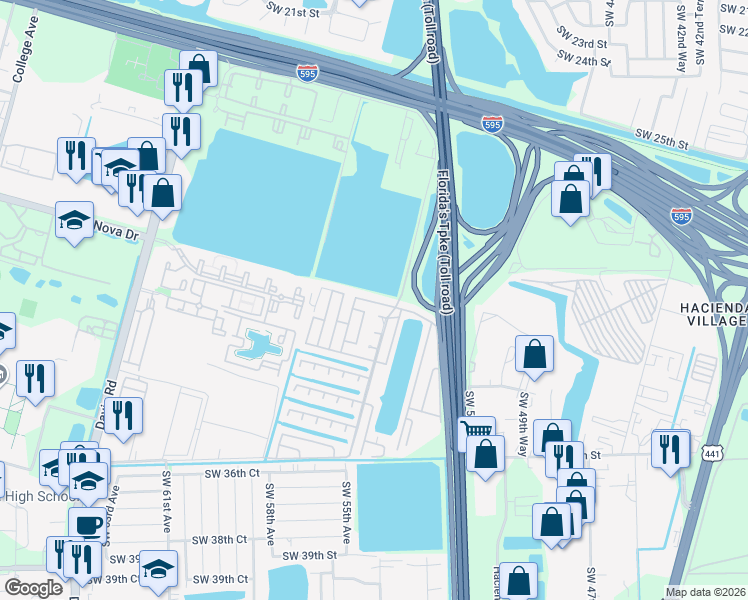 map of restaurants, bars, coffee shops, grocery stores, and more near 2908 Southwest 52nd Terrace in Davie