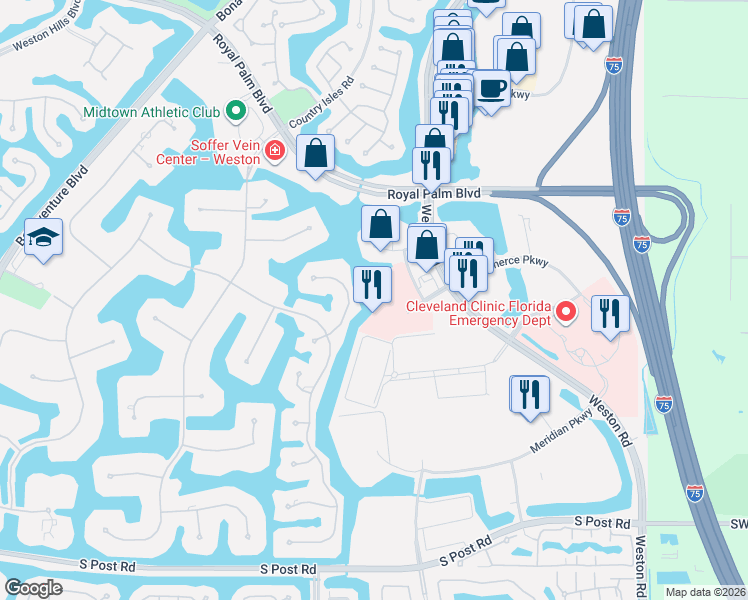 map of restaurants, bars, coffee shops, grocery stores, and more near 2751 Executive Park Drive in Weston