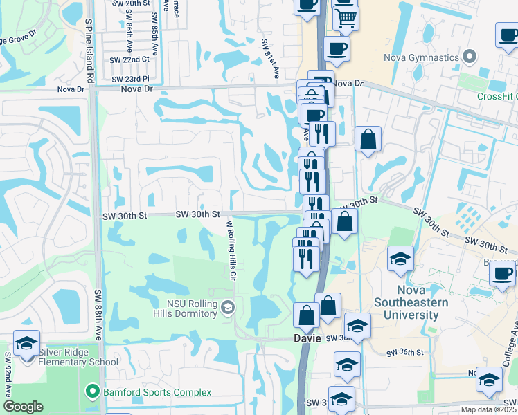 map of restaurants, bars, coffee shops, grocery stores, and more near 8011 Southwest 30th Street in Davie
