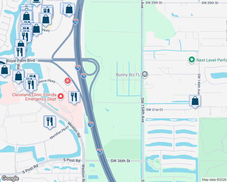 map of restaurants, bars, coffee shops, grocery stores, and more near 2980 Southwest 156th Avenue in Davie