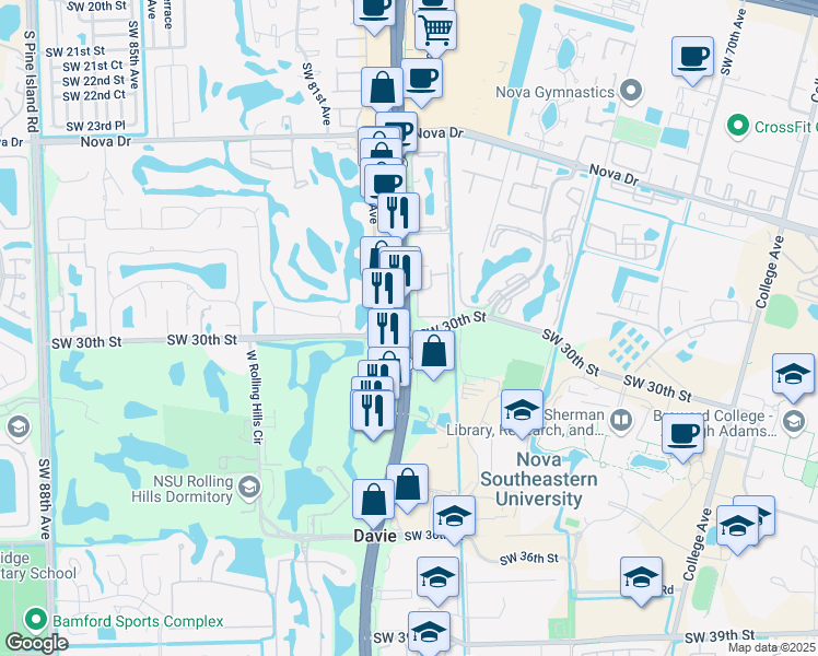 map of restaurants, bars, coffee shops, grocery stores, and more near 3015 South University Drive in Davie