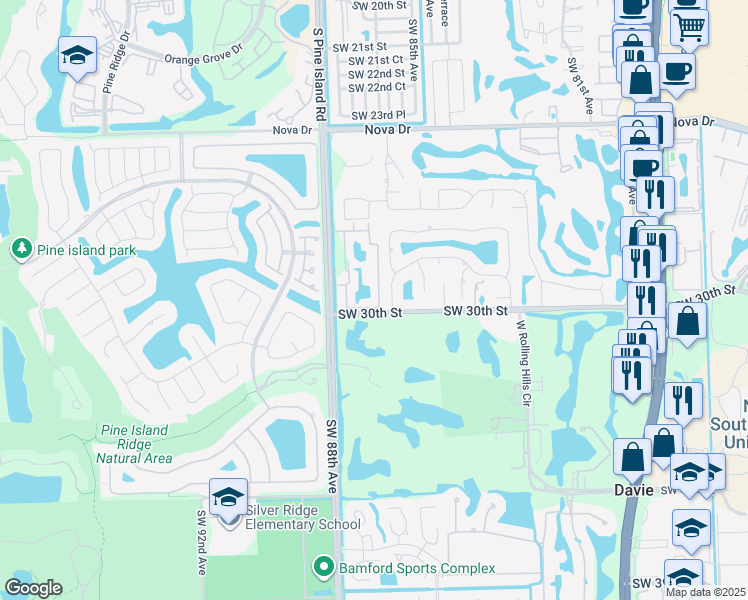 map of restaurants, bars, coffee shops, grocery stores, and more near 16 Southwest 87th Avenue in Davie