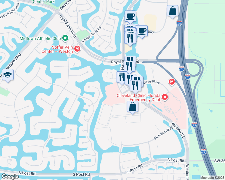 map of restaurants, bars, coffee shops, grocery stores, and more near 2731 Executive Park Drive in Weston
