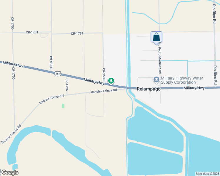 map of restaurants, bars, coffee shops, grocery stores, and more near 4421 Rancho Toluca Road in Mercedes