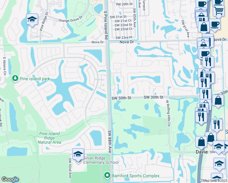 map of restaurants, bars, coffee shops, grocery stores, and more near 2931 Southwest 87th Terrace in Davie