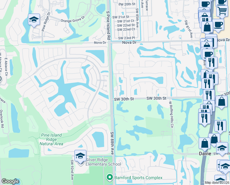 map of restaurants, bars, coffee shops, grocery stores, and more near 2931 Southwest 87th Terrace in Davie