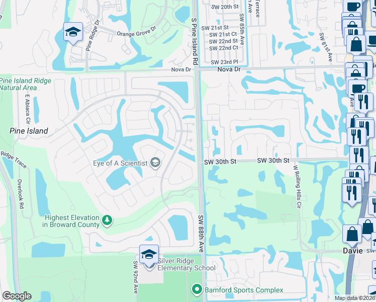 map of restaurants, bars, coffee shops, grocery stores, and more near 3077 Perriwinkle Circle in Davie