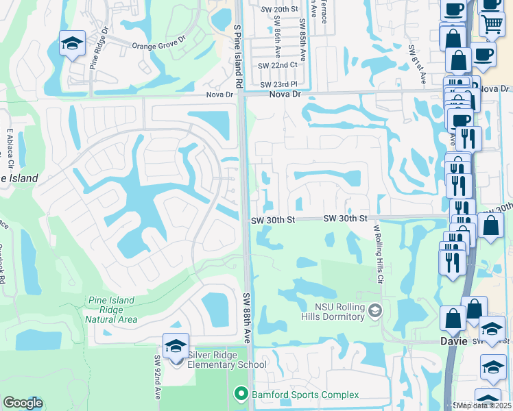 map of restaurants, bars, coffee shops, grocery stores, and more near 2910 Southwest 87th Terrace in Davie