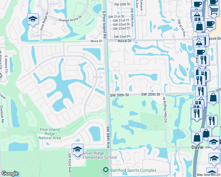 map of restaurants, bars, coffee shops, grocery stores, and more near 2931 Southwest 87th Terrace in Davie