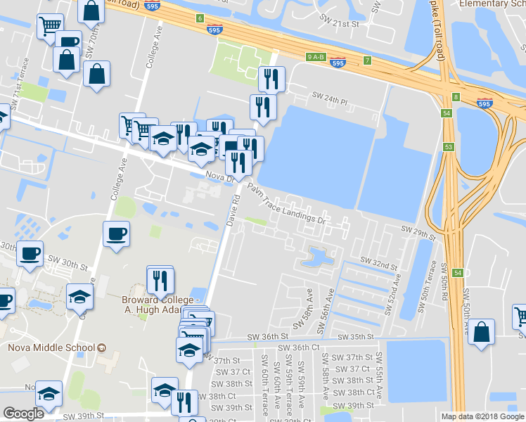 map of restaurants, bars, coffee shops, grocery stores, and more near 6250 Palm Trace Landings Drive in Davie