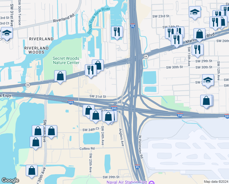 map of restaurants, bars, coffee shops, grocery stores, and more near 2980 Southwest 23rd Terrace in Fort Lauderdale