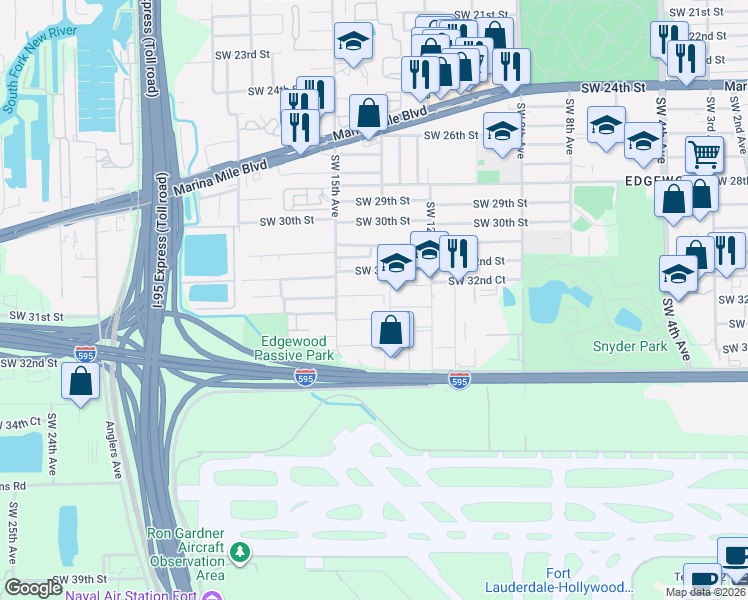map of restaurants, bars, coffee shops, grocery stores, and more near 1430 Southwest 32nd Court in Fort Lauderdale