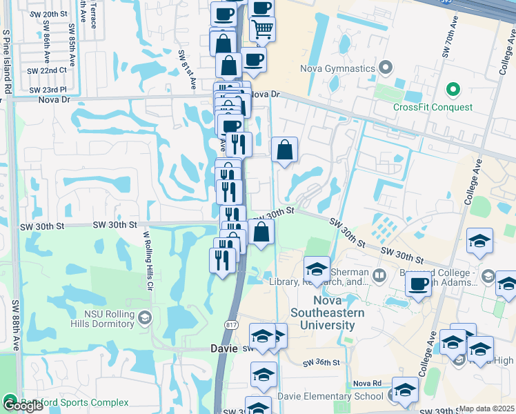 map of restaurants, bars, coffee shops, grocery stores, and more near 2906 South University Drive in Davie