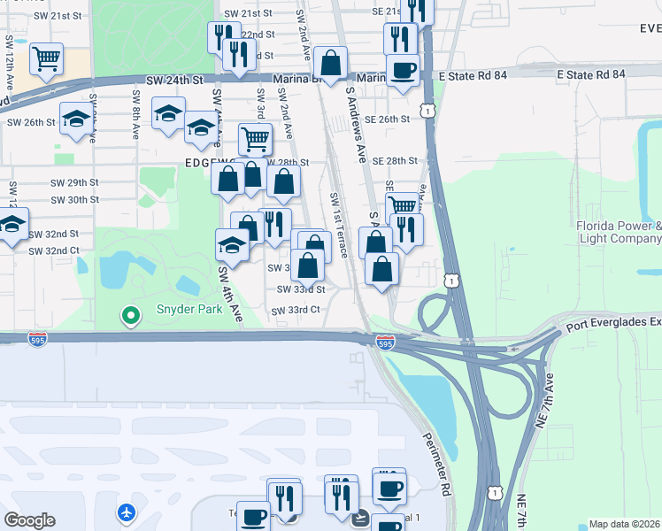 map of restaurants, bars, coffee shops, grocery stores, and more near 3220 SW 2nd Ave in Fort Lauderdale