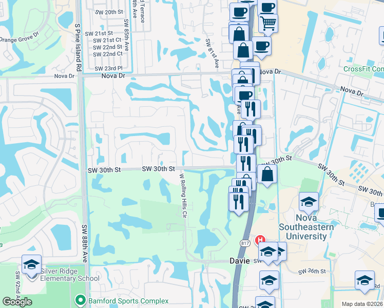map of restaurants, bars, coffee shops, grocery stores, and more near 2814 Southwest 81st Terrace in Davie