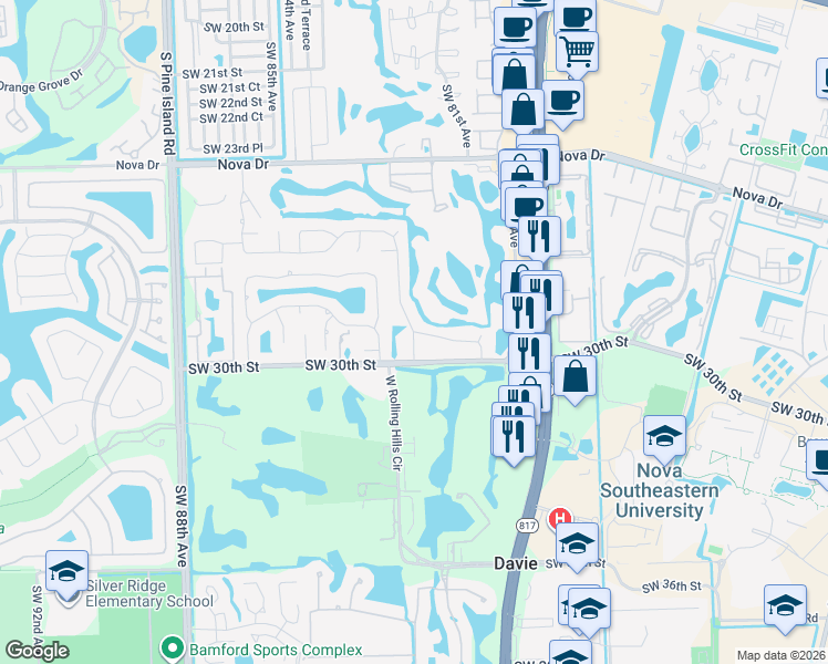 map of restaurants, bars, coffee shops, grocery stores, and more near 2814 Southwest 81st Terrace in Davie