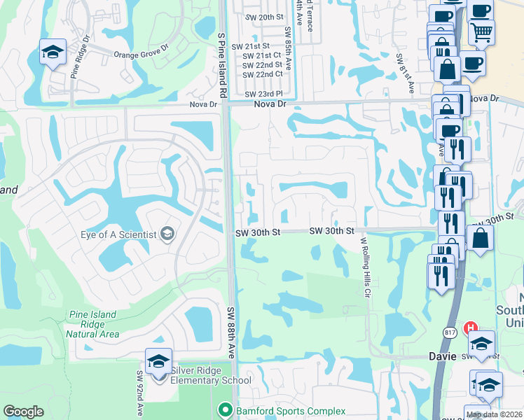 map of restaurants, bars, coffee shops, grocery stores, and more near 2921 Southwest 87th Avenue in Davie